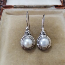 925 Sterling Silver Earrings, White Mabe Pearl Earrings, Balinese Design 