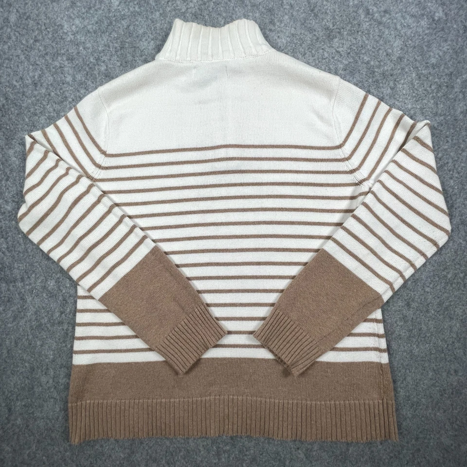 Karen Scott Women’s Sweater Large L Beige White Striped Cotton Knit Quarter Zip - Image 3 of 4