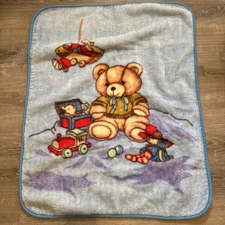 Vintage Baby Blanket Teddy Bear Airplane Toys Blue Throw