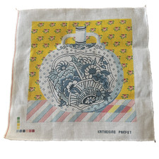 Katherine Parfet Floral Asian Jug Design Lg Hand Painted Needlepoint Canvas 14ct