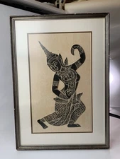 Vtg Original Thai Temple Charcoal Rubbing Art - Ramakien Dancer - Framed 24x17in