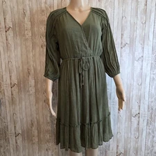Indigo Rose Olive Green 3/4 Sleeve Boho Dress Lined Ruffle Medium