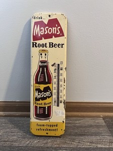 Mason's Root Beer Metal Advertising Thermometer Sign Yellow Brown Red White 