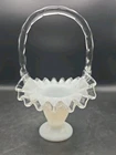 Vintage Fenton Glass Silver Crest Milk Glass Handled Ruffled Edge Basket