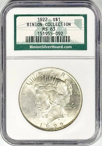 1922 $1 SILVER PEACE DOLLAR BINION COLLECTION NGC MS62