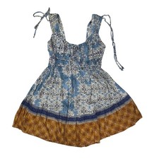 Angie Womens Blue Mustard Medallion Print Smocked Boho Mini Dress Large L