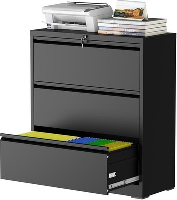 Metal Filing Cabinet 3 Drawer Lateral Lock Black Office