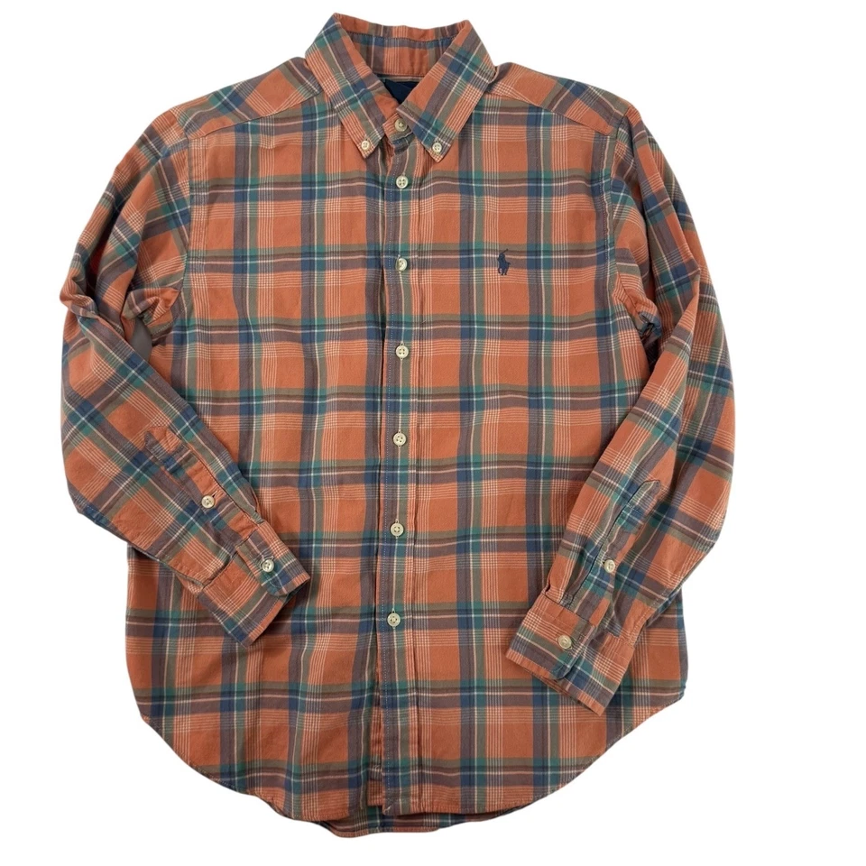 Ralph Lauren клетку рубашка на пуговицах длинным рукавом фланель оранжевый синий мальчиков размер M - Изображение 2 из 4