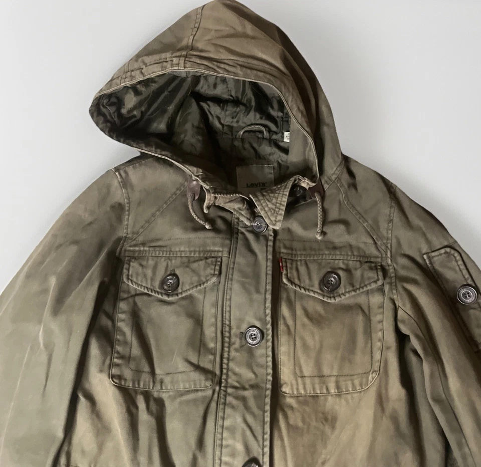 LEVI'S M Mediano Verde Ejército Militar Utilitario Chaqueta de Campo Abrigo con Capucha Cremallera Completa Foto 3 de 4