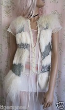 Rare! Vtg *70s Glam* Genuine Mongolian Rabbit Fur Crystal Sequin Cream Gilet Xs