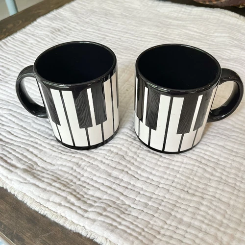 PAIR Vintage 80s Waechtersbach Black Piano Keys Coffee Mug Made in W. Germany