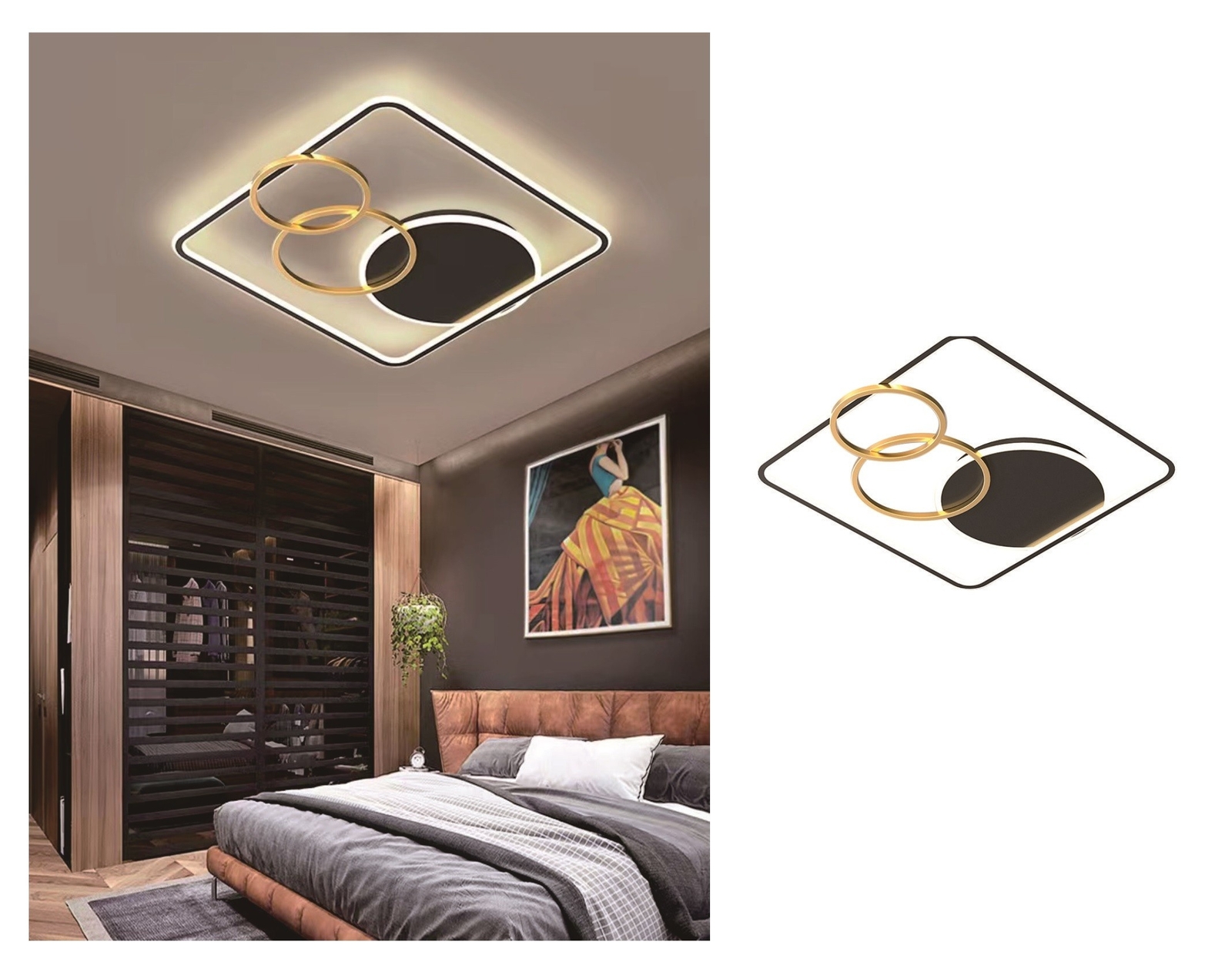 Plafoniera led 55w quadrato con cerchi nero oro lampada da soffitto design moder