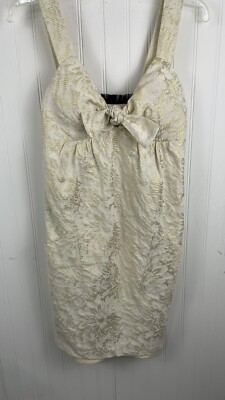 BCBG Max Azria Paris Ivory Gold Brocade Dress Floral Bow Cream Sz 6