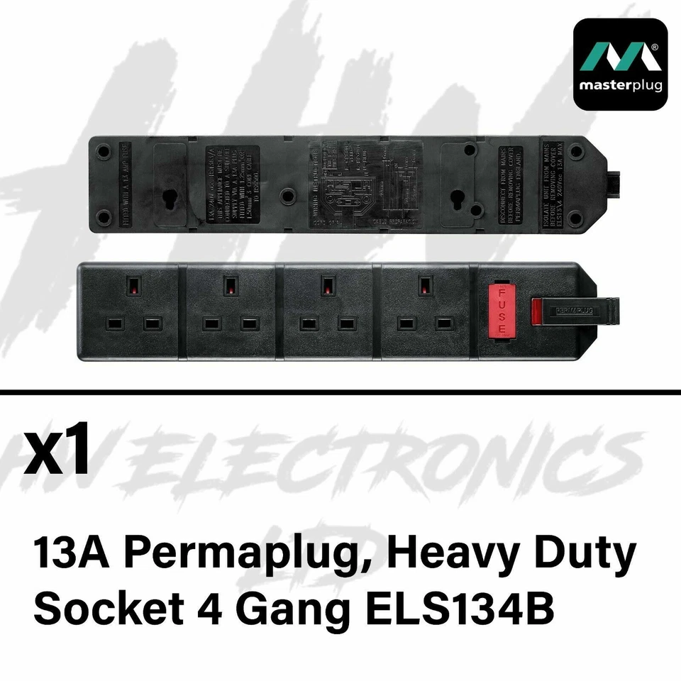 Masterplug Permaplug ELS134B-01 Black Heavy Duty Trailing 4 Gang Socket