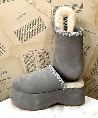 Free People MOU Layla Chunky Platform Clog Shearling Lined New Grey 39/8 NEW