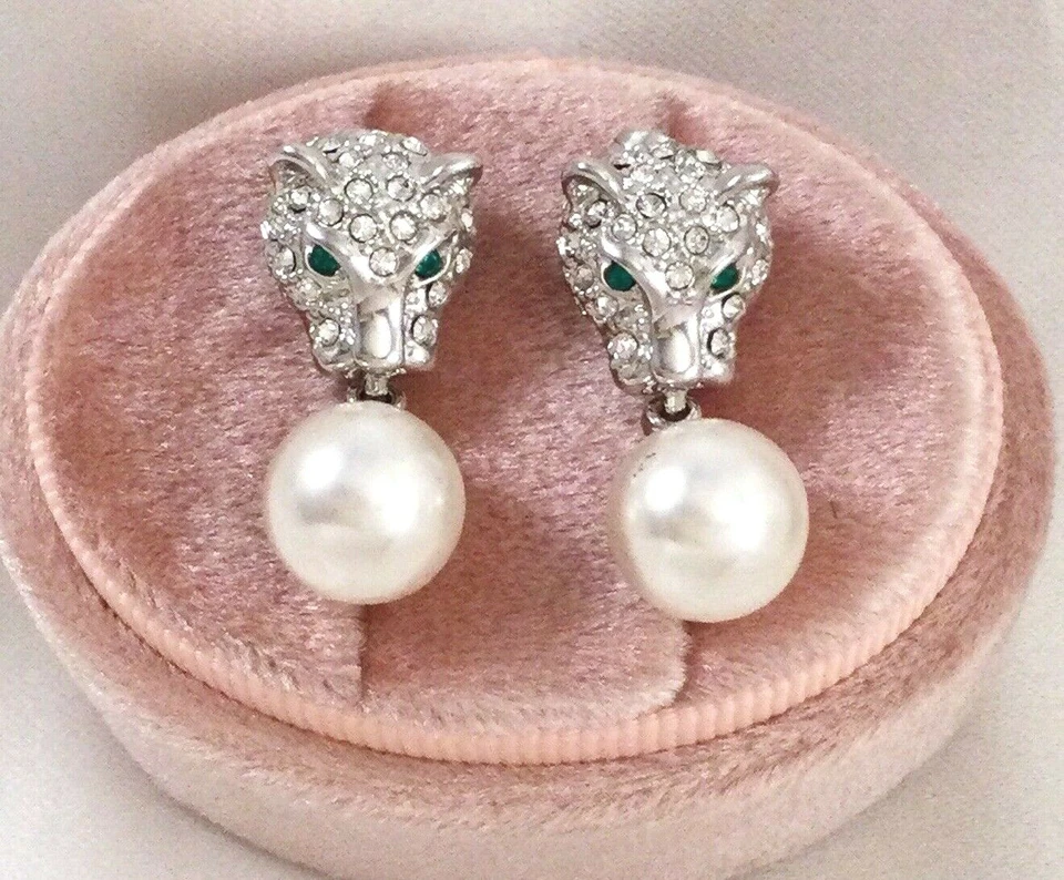 Винтажные ювелирные изделия пантера леопард большой кот серебряный жемчуг серьги уха кольцо ювелирные изделия - Изображение 2 из 4