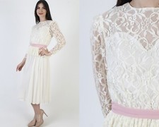 Vintage Off White Lace Dress Cream Peplum Ruffle Victorian Sheer Midi Gown 10