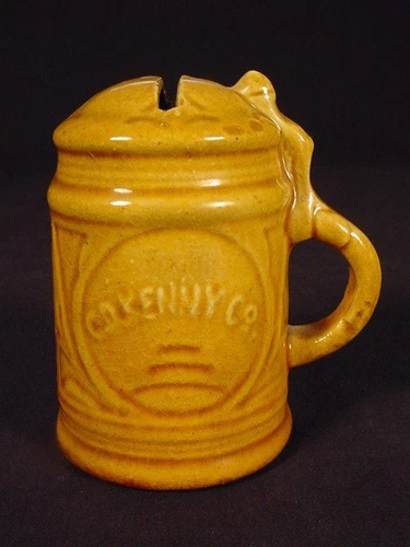 RARE C.D. KENNY CO. ADVERTISING TANKARD BANK YELLOW WARE