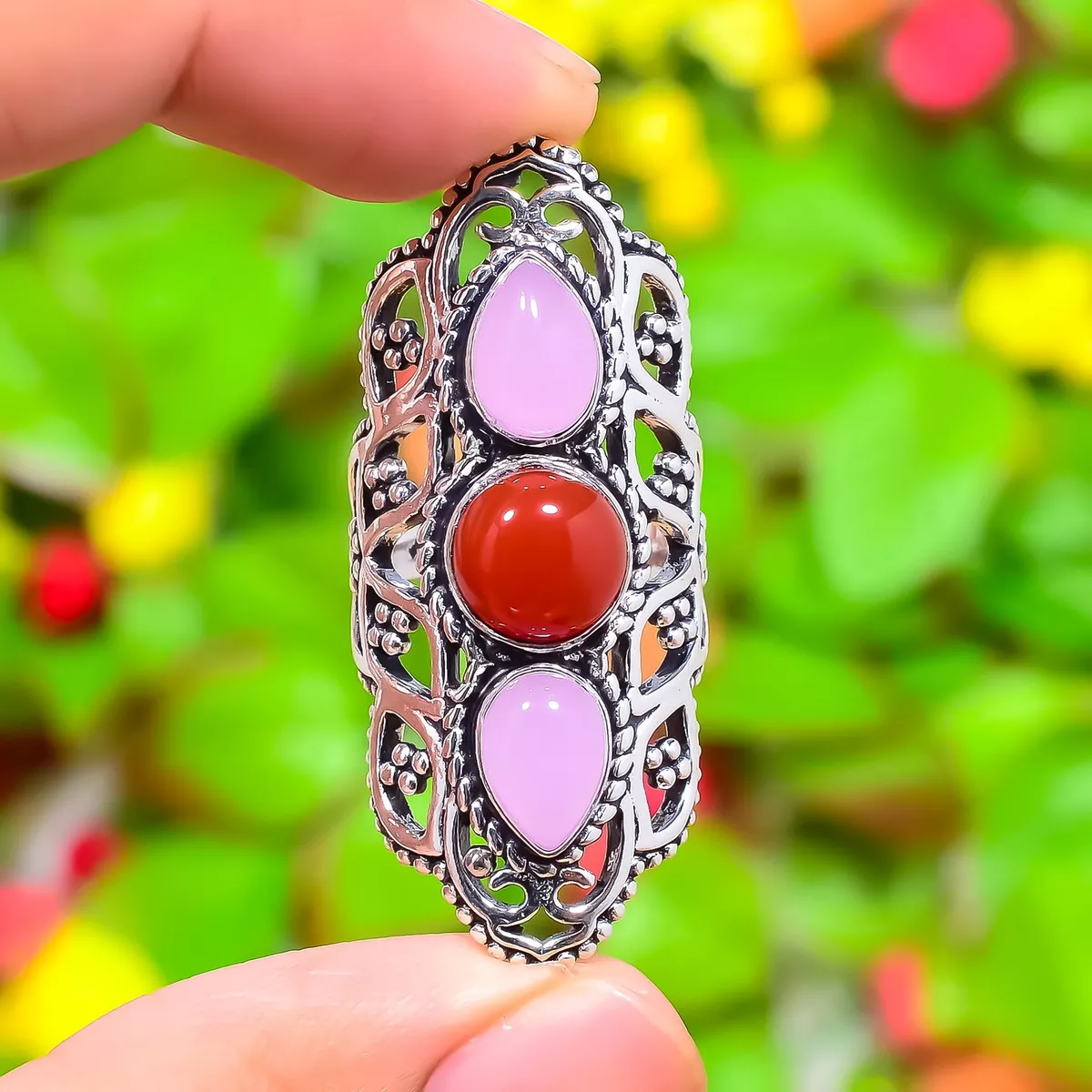 Rose Quartz Carnelian Gemstone Handmade 925 Sterling Silver Jewelry Ring k992