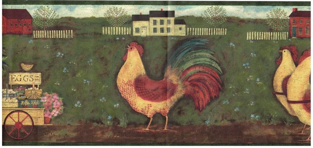 ROOSTERS/&HENS PULLING CARTOFEGGS ON COUNTRY ROAD wall bordeR Wall