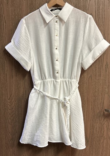 VESTIDO CAMISERO CINTURÓN TEJIDO ZARA MUJER Blanco Talla L Nuevo - Imagen 6 de 9