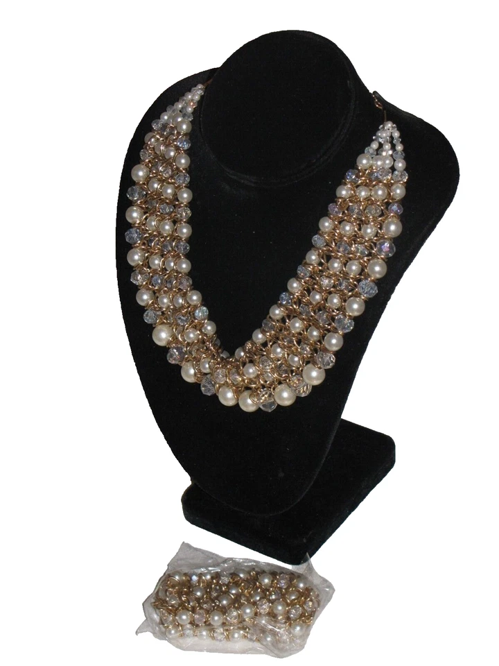 Lote De 2 Collares Chapados en Oro Imitación Perla Conjunto Pulsera Cuentas Ancho Grueso Mujer Foto 2 de 4