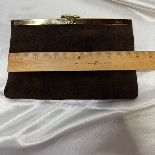 Vintage Etra Suede Brown Hinged Clutch Purse Wristlet Chain Clasp Gold Tone NICE - Picture 3 of 9
