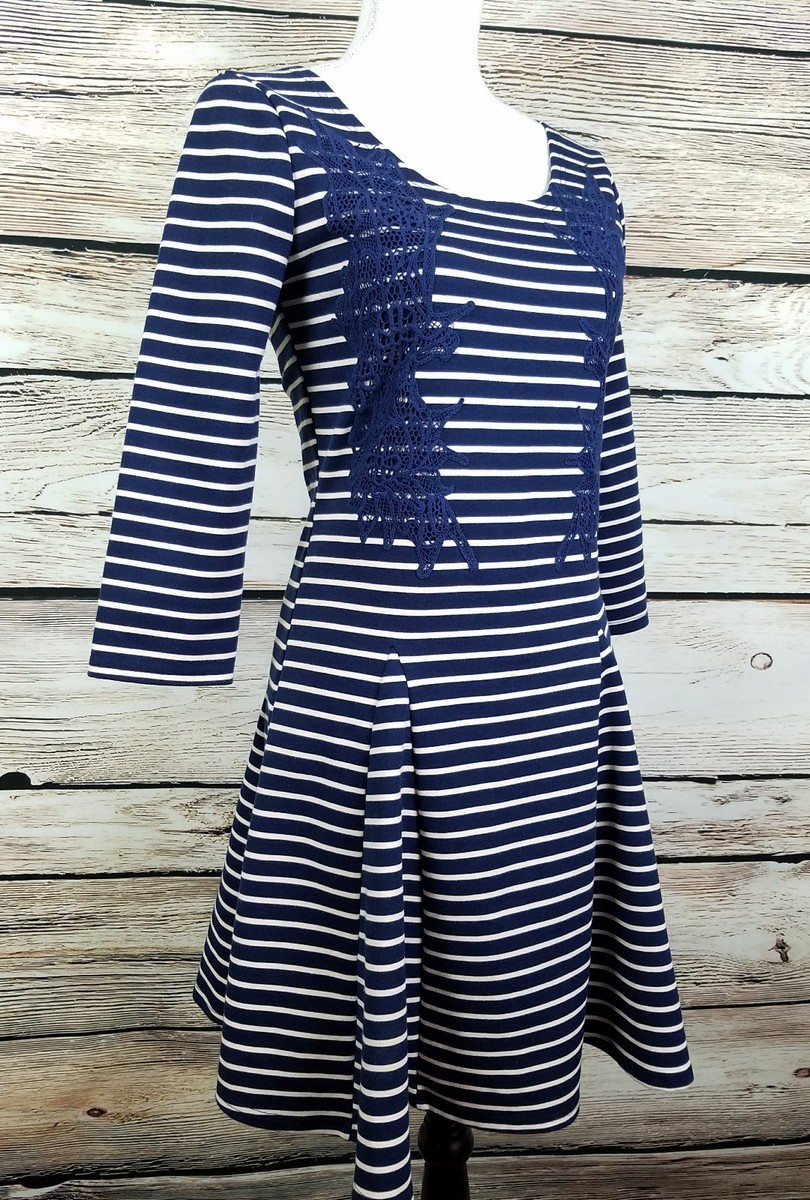 Free People Nautical Navy Striped Crochet Lace Applique Fit Flare Dress  Medium