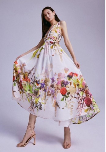 Karen Millen X Rui Jiang Petite Wild Rose Garden Border Silk Cotton Maxi Dress - Picture 3 of 7