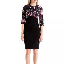 Ted Baker Hounest Shadow Floral Gathered Sheath Dress 6 Black 3/4 Sleeve Bodycon
