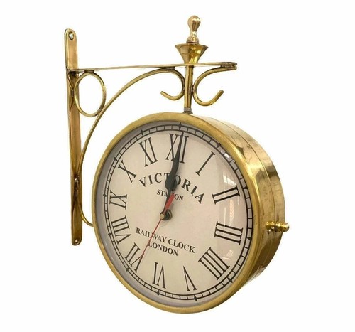 8''Shiny Brass Double Sided Nautical Vintage Station Style Home Decor Wall Clock - Picture 3 of 4