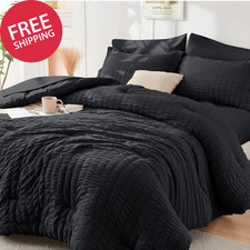 Black Oversized Queen Comforter Set Seersucker 7 Pieces, All Season Luxury Bed i