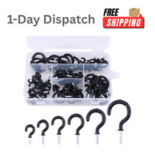 Glarks 100Pcs Black Cup Hooks 6 Sizes Vinyl Coated Ceiling Hooks