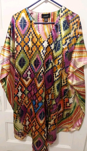 Ashro Ladies One Size Short Multicolor Print V-Neck Satin Polyester Caftan Dress