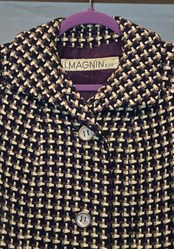 Винтажный I. Magnin пальто 10 женщин США 3/4 рукав гончая синий, коричневый, бежевый EUC - Изображение 2 из 4