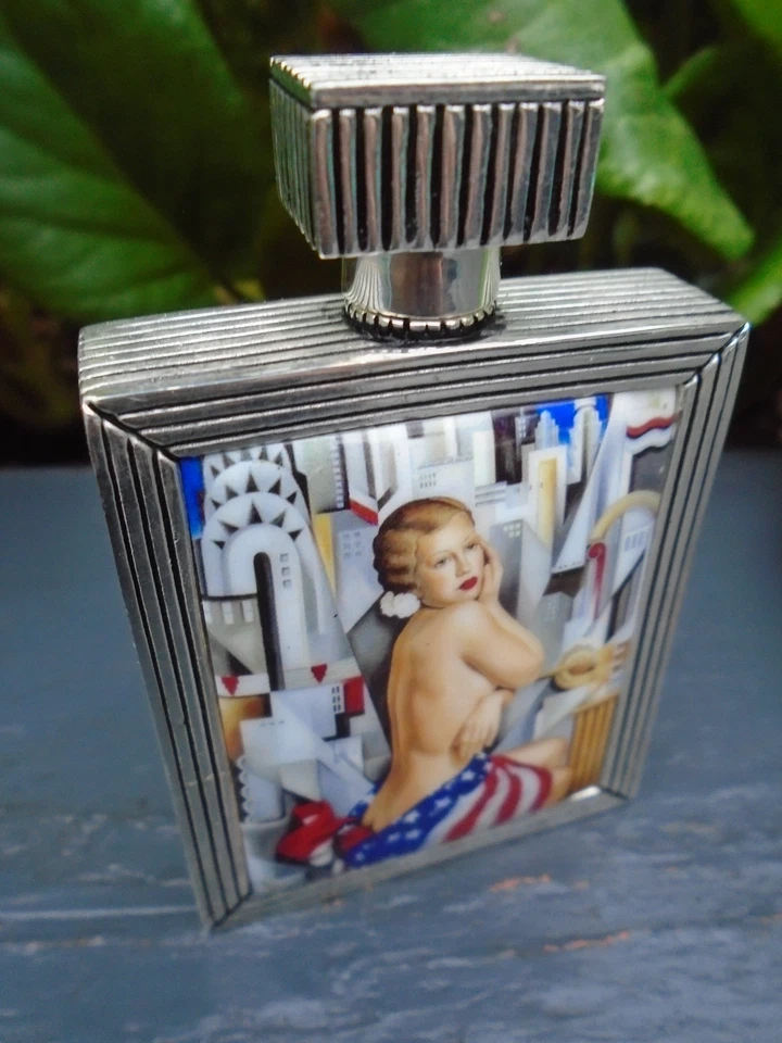 Botella perfume plata maciza esmalte cara y 3 rubíes inserción trasera Foto 2 de 4