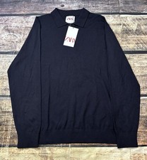 Zara Sweater Mens Large Wool Polo Navy Pullover NEW