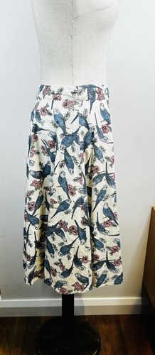 Revival Flare Aline Skirt Size AU 8 Budgie Bird Print Animal White Blue RRP$79 - Picture 3 of 11