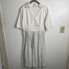 Women Polka Dot Midi Dress White Black Wrap Top Retro Rockabilly Large 50's READ