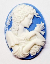 4 of 40x30mm White over Blue Victorian Curly Hair Women Birds Cameos Cabochon