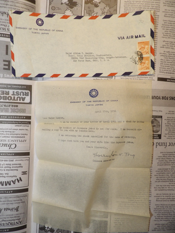 April 27 1956 signed Tong Chinese Ambassador Embassy Tokyo Japan