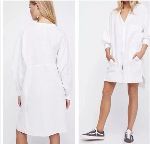 Free People Shelagh Long Sleeve Tunic Top Dress Crisp White Sz M Cotton Linen - Picture 3 of 19