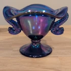Vintage Fenton Double Koi Dolphin Blue Carnival Iridescent Glass Compote Bowl