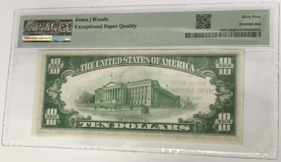 1929 Type 2 $10 National Currency New London Connecticut PMG 64 CU EPQ Fr#1801-2 - Image 2 of 2