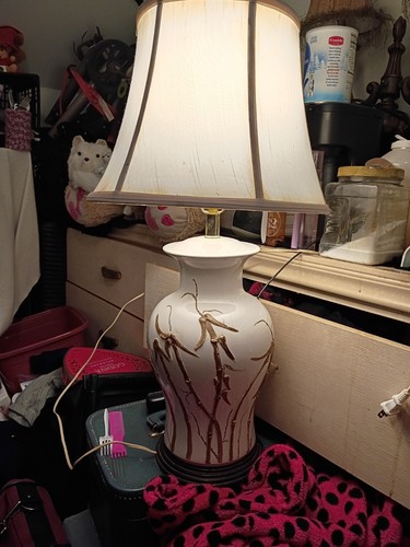 White and Gold Ceramic Floral Table Lamp with Bell-Shaped Fabric Shade