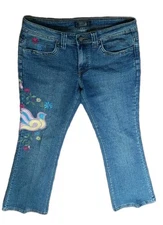 Crest Blue Jeans Embroidered Juniors Y2K Size 9 / 10 Floral Birds Flare 