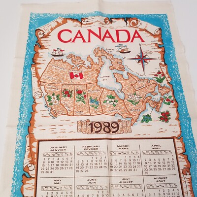 Kanada Staat Blumen Karte Birke Kalender 1989 Geschirrtuch Vintage Flagge Kompass