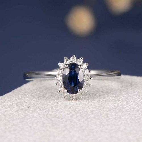 2CT Oval Lab Created Blue Sapphire Halo Engagement Ring 14k White Gold Plated