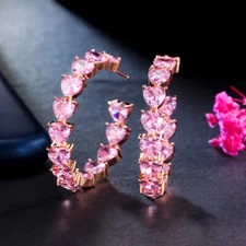 Bling Out Love Heart Pink CZ 585 Rose Gold Big Hoop Earring for Women CZ Jewelry