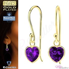 925 Gold Plated  Cubic Zirconia Sterling Silver Drop Dangle Heart Earrings + Box
